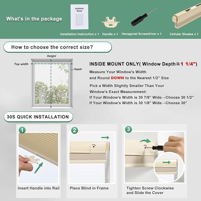 Tonature No Drill Cellular Shades for Indoor Windows, Thermal Insulating & Noise Reducing Honeycomb Blinds, Free Stop Cordless Blackout Shades, Beige,32 1/2" W x 80" H