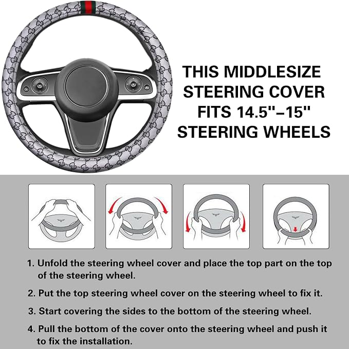 5PCS Steering Wheel Cover, with 2 Headrests, 2 Seat Belt Covers - Universal Fit for 14.5-15" Steering Wheel, Enhances Driving Experience - Perfect for Women (Gray)