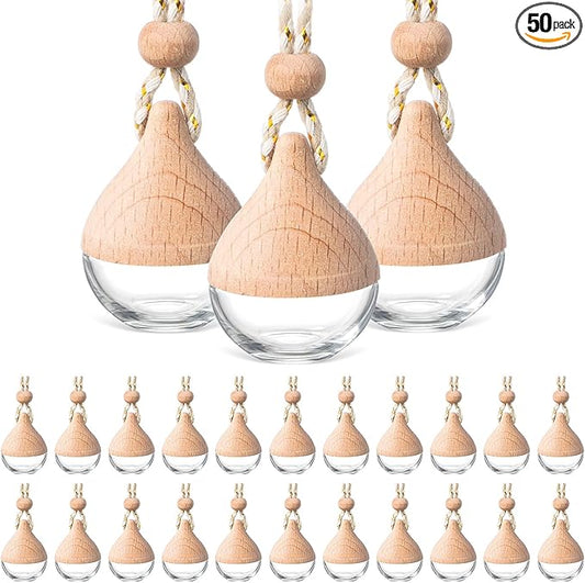BBTO 50 Pcs Hanging Car Air Freshener Car Diffuser Bottles Empty Glass Perfume Bottle Freshener Diffuser Bottle Pendant for Essential Oil Fragrance Aromatherapy Ornament(Water Drop)