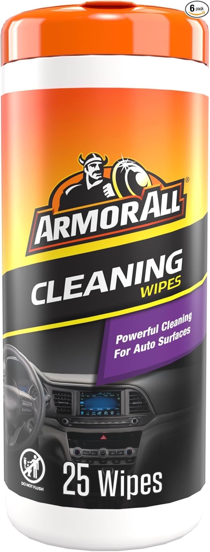 Armor All Interior Car Cleaning Wipes,Canister,Powerful Cleaning for Dashboards,Vinyl,Clear Plastics,Carpet and Fabric,25 Count (Pack of 6)