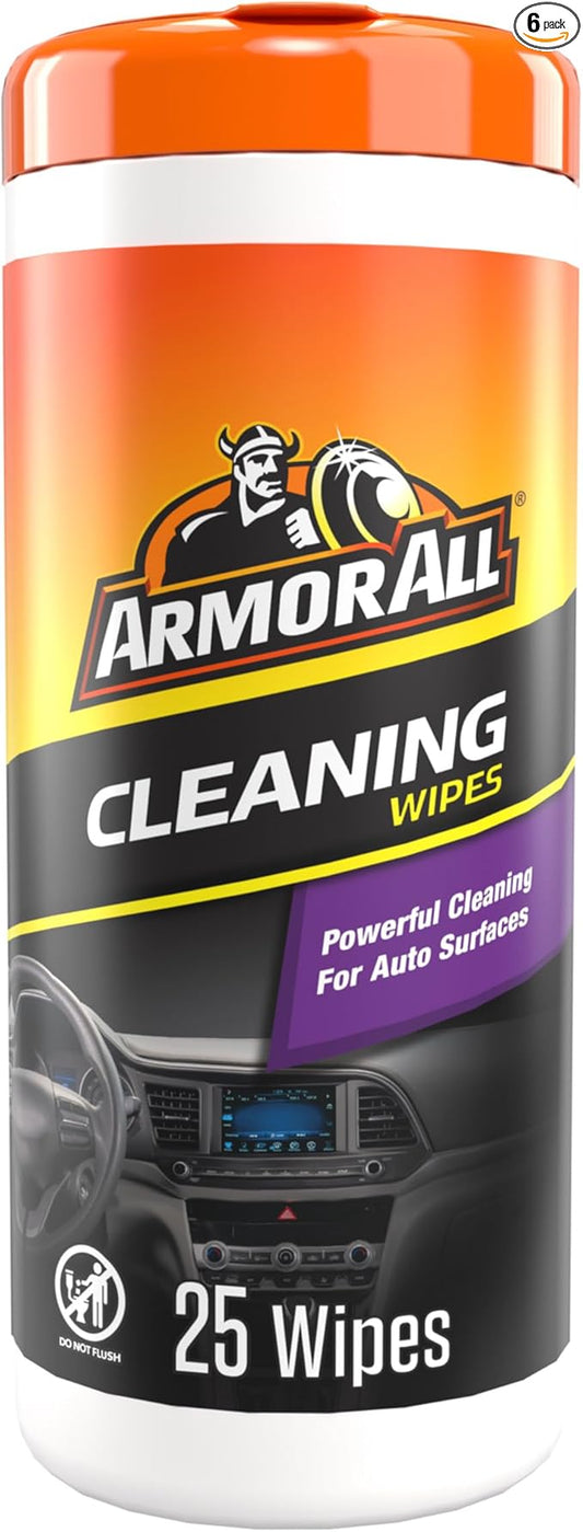 Armor All Interior Car Cleaning Wipes,Canister,Powerful Cleaning for Dashboards,Vinyl,Clear Plastics,Carpet and Fabric,25 Count (Pack of 6)