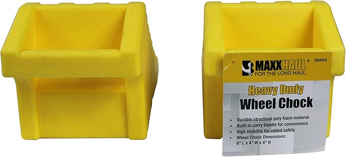 MaxxHaul 50503 High Visibility Poly Foam Wheel Chock 2-Pack | 8" x 4" x 4" Lightweight Tire Stop | Slip-Resistant Rubber Base | Built-in Handle | Safety Yellow