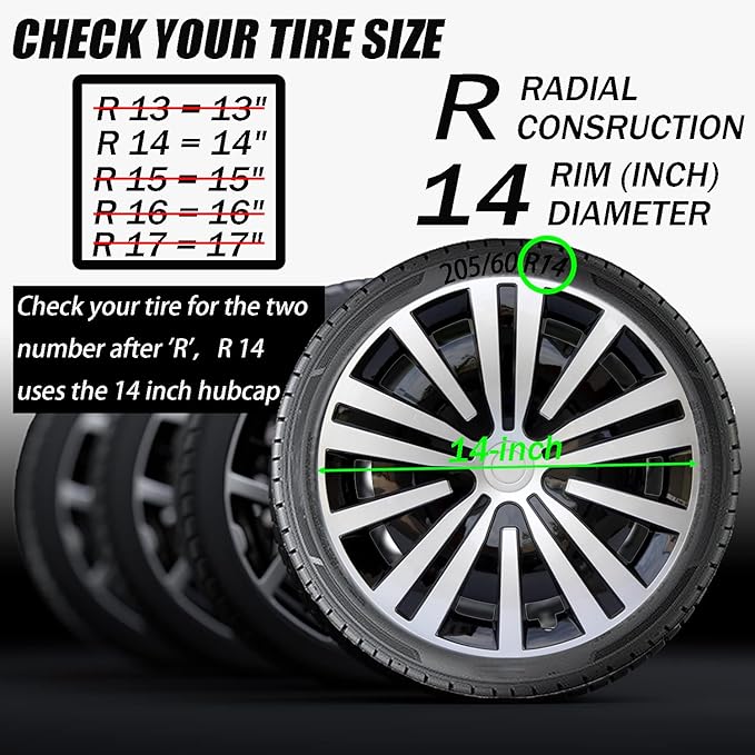 Hubcap Wheel Cover Replacement R14 Hub Caps Universal Wheel Rim Cover ABS Material Exterior Accessories Snap On Car Truck SUV -Set of 4 (14-Inch, Silver-Black)