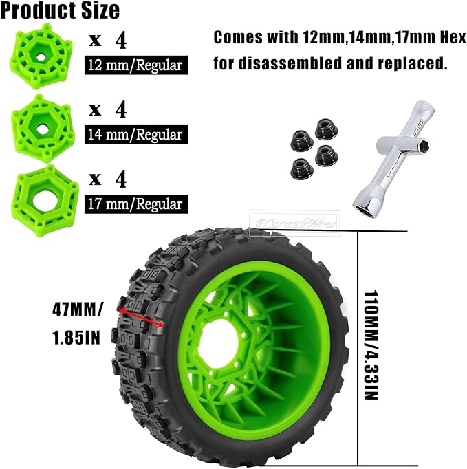 RC Truck Tires RC Wheels and Tires,12mm/14mm/17mm Hex RC Tires for 1/10 Slash 4×4 2WD,Arrm a Senton,Axia1 Red cat Rc 4wd,Off-Road Tire w/RC Wheels Hex,Green