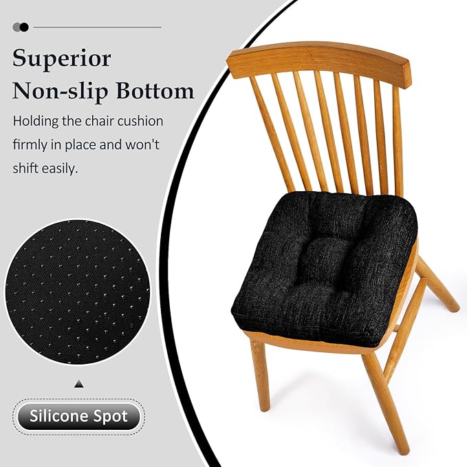 downluxe Chair Cushions for Dining Chairs 2 Pack, Tufted Indoor Chair Pads with Non-Slip Bottom, U-Shaped Kitchen Chair Cushions, 17"x17"x4", Black