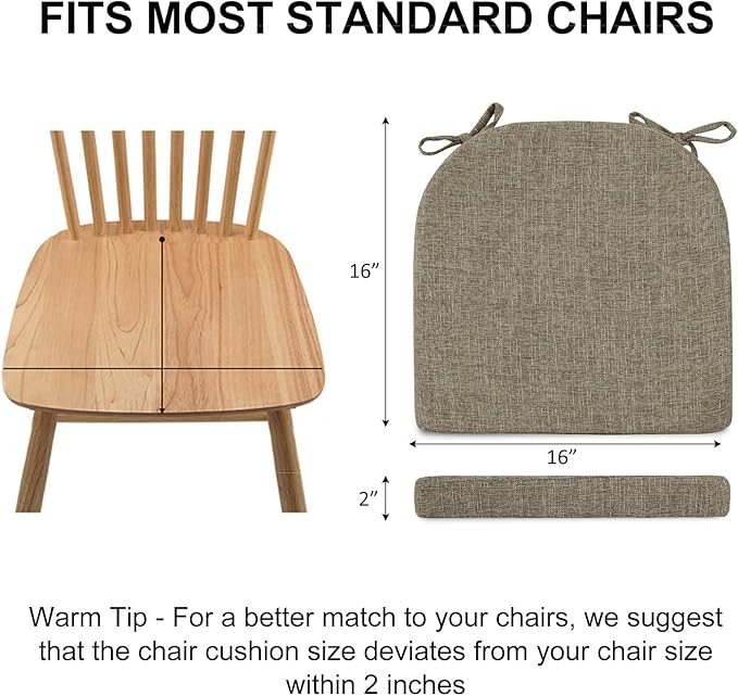 Wellsin Chair Cushions for Dining Chairs 6 Pack - Kitchen Chair Cushions with Ties and Non-Slip Backing - Dining Chair Pads 16"X16"X2", Khaki