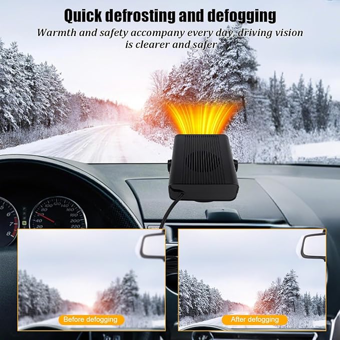 Car Heater, 12V 120W 2-in-1 Portable Vehicle Heating & Cooling Fan with Cigarette Lighter Plug, 360° Rotatable Automotive Windshield Defroster Accessories, Universal Fit (Black)