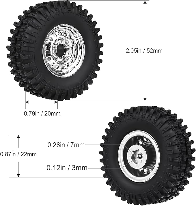 HobbyPark 1.0 Beadlock Wheels and Tires Negative Offset Stamped Steel 1.0" Wheels 1.0 Beadlocks for 1/24 1/18 RC Crawler TRX4M SCX24 FCX24 Upgrades Parts Soft Rubber Good Grip (w/53x19mm Tires)