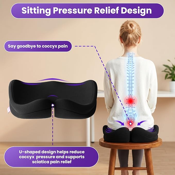 ZZ-WELL Seat Cushions for Office Chairs, Car Seat - Patented Coccyx Cushion for Tailbone Pain - Memory Foam Butt Cushion for Pressure Relief - Carry Handle & Non Slip Bottom (Black)