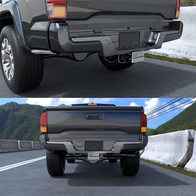 Chrome Line American Flag Metal Trailer Hitch Cover for 2" inch Receivers, Tow Hitch Cover for Trucks Cars SUV (Chrome with Blue Line)
