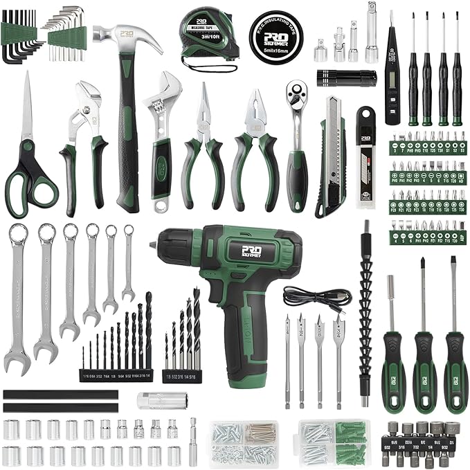 Prostormer Tool Set with 8V Cordless Drill, 369-Piece Home Tool Kit with Drill Driver, Toolbox Storage Case with Drawer, General Household Tools for Home Repairs and DIY, Handyman (Green)