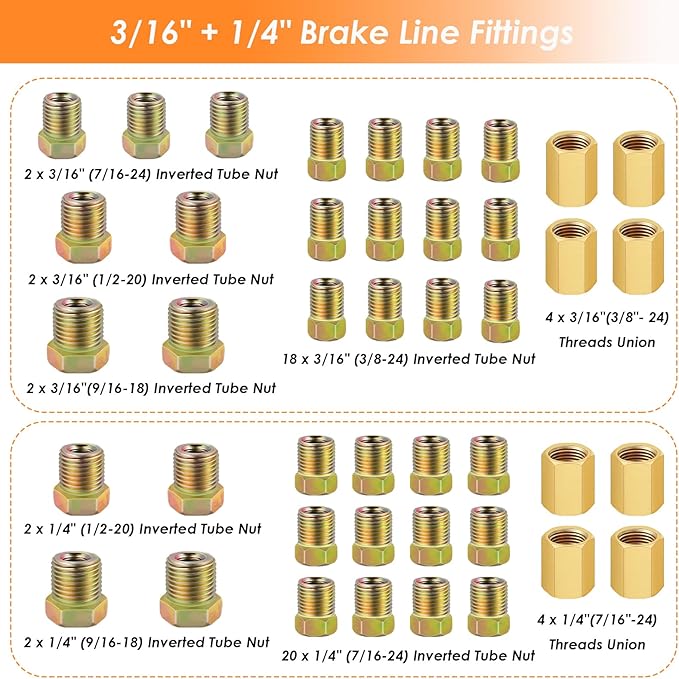 25 ft 3/16 + 1/4 Copper Coated Brake Line Kit(Includes 48 Fittings and 8 Unions) with Tube Bender and Double & Single Flaring Tool Kit