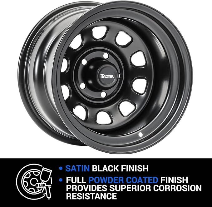 TACTIK D Window 15 Inch 15x8 Wheel - 5x4.5 / 5x114.3 Bolt Pattern (-12.7mm Offset), 4 Inch Backspace - Satin Black Powder Coat Finish - Fits Jeep Wrangler YJ TJ 1987-2006 - Center Cap Included