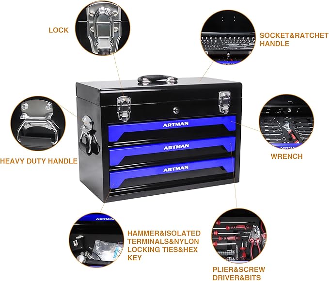 20" Portable 3 Drawer Steel Toolbox,Built in Tool Set,4 Layers of Tools with Metal Latches, with Top Storage Tray and carrying Handle, Multi-Function Tool Storage for Garage, Home,or Workbench
