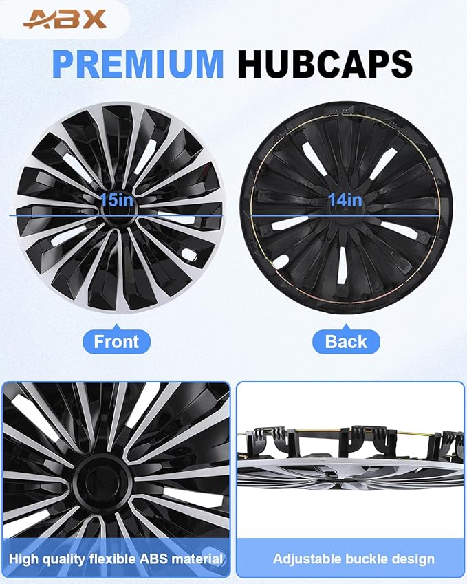 ABX Hubcap Wheel Covers Hub Caps 15 Inch Set of 4 Black & Silver Universal Wheel Rim Cover R15 Stylish Car Decor Wheel Covers for Toyota Camry Nissan Mazda (TT Black & Silver, 15 inch)