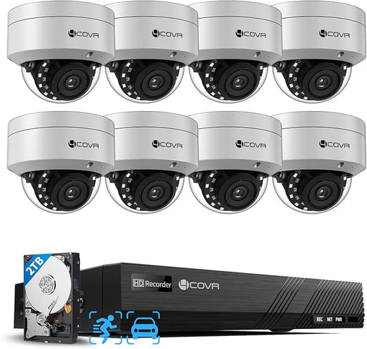 4COVR PoE Security Camera System, 8X 5MP IK10 Vandal-Proof IP67 Dome IP Camera with Audio, 8CH 4K NVR 2TB HDD, AI Human Vehicle Detection & Night Vision, 24/7 Home Recording, LY54AX5M0808