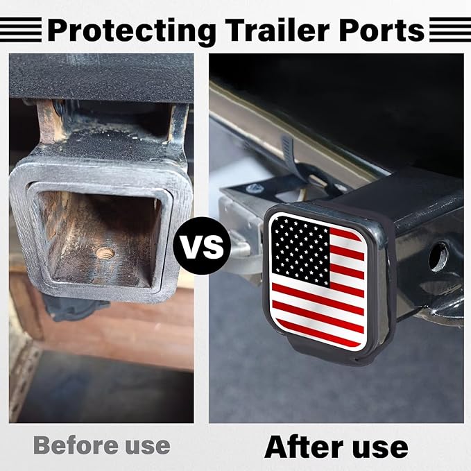 2 Inch Rubber Trailer Hitch Cover, Durable Tow Hitch Covers with American Flag, Car Exterior Accessories Fits for 2 Inches Hitch Receivers, Hitch Cover Tube Plug Cap for Trucks(Silver&Red Line)