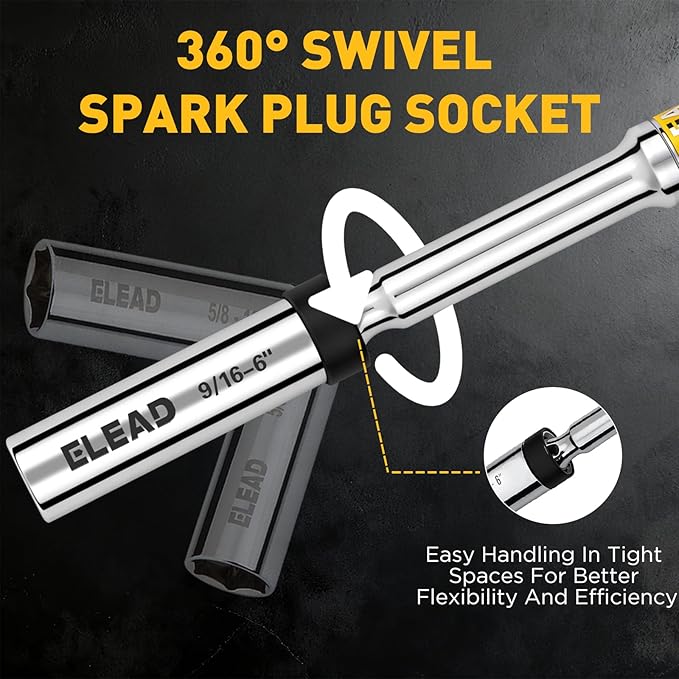 ELEAD 9/16" Swivel Magnetic Spark Plug Socket, 3/8" Drive x 6" Total Length, Thin Wall Spark Plug Removal Tool, 360 Degree Swivel, Enhanced Magnetic, 6-Point Design, Cr-V Steel