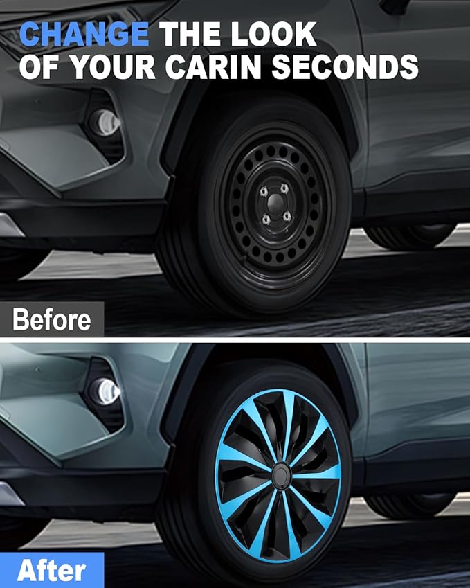 ABX Hubcaps,15 inch hubcaps Set of 4, Wheel Rim Cover ABS Material, Snap On Car Truck SUV Replacement, for Toyota Camry Nissan Mazda etc, Black & Blue