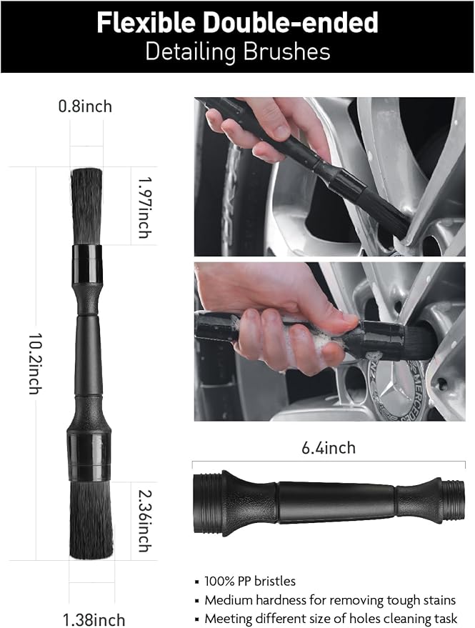 Fantasticlean 7PCS Car Wheel Cleaning Pro Kit, Tire Brush, Soft-bristled Rim Brush, Microfiber Flat Wheel Brush, Double-Ended Detailing Brush, Detailing Pads, Scratch-Free & Multipurpose