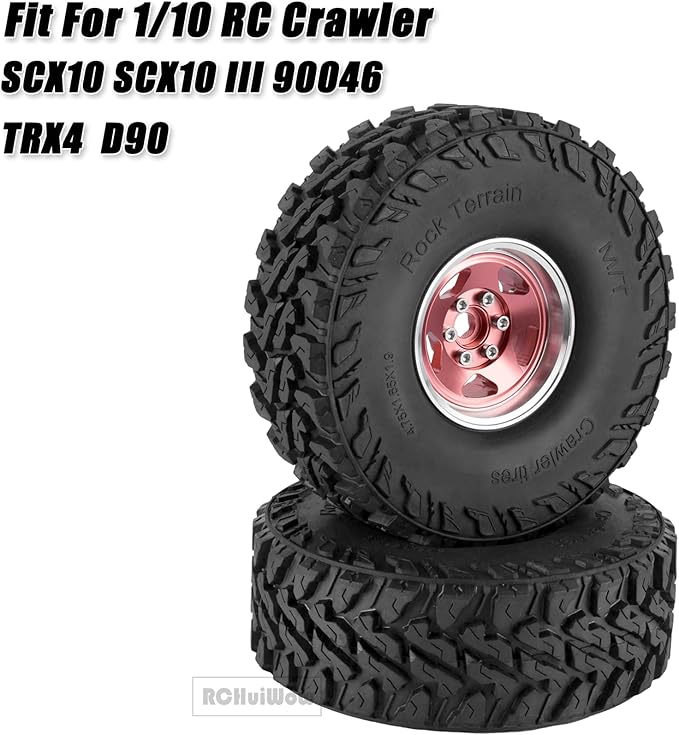 RC Alloy 1.9" Beadlock Wheels and Tires for 1/10 RC Crawler TRX4 SCX10 SCX10 III 90046 D90,1.9 RC Wheels and Tires 1.9 Beadlock Tires RC Rims,4 Packs,Pink