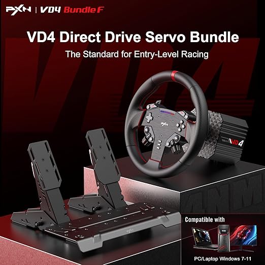 PXN VD4 Bundle F – PC Sim Racing Setup with 4Nm Direct Drive Servo Motor Base, 11-Inch W AS Racing Wheel & PD HM Brake & Throttle Pedals – Force Feedback Steering Wheel for PC Windows 7–11