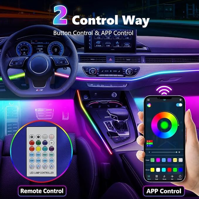 Acrylic Interior Car LED Strip Light with APP Remote Control, 175in 6 in 1 RGB Dreamcolor Neon Flexible Strip Fiber Optic LED Ambient Lighting Kits,RGB Music Lights Sync for Inside car Decorations