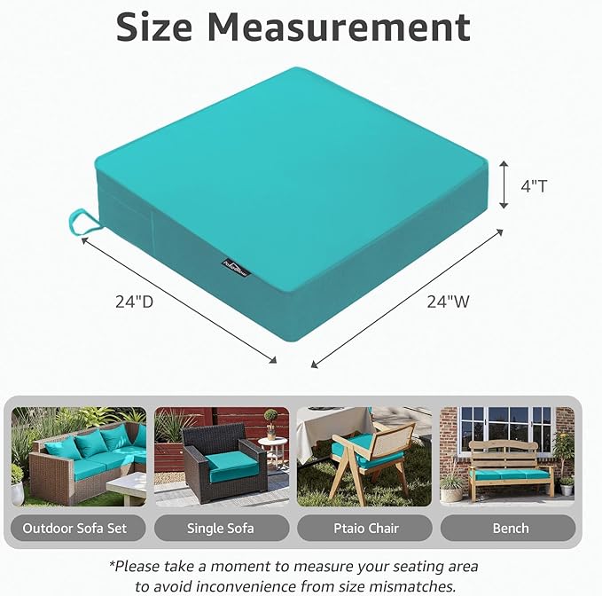 PatioGlow Outdoor Chair Cushions 24 x 24 x 4 Inch, Waterproof & Fade Resistant Patio Seat Cushion for Furniture with Handle and Ties, Thick Seating Pads for Outside Sofa Couch Set of 2, Teal