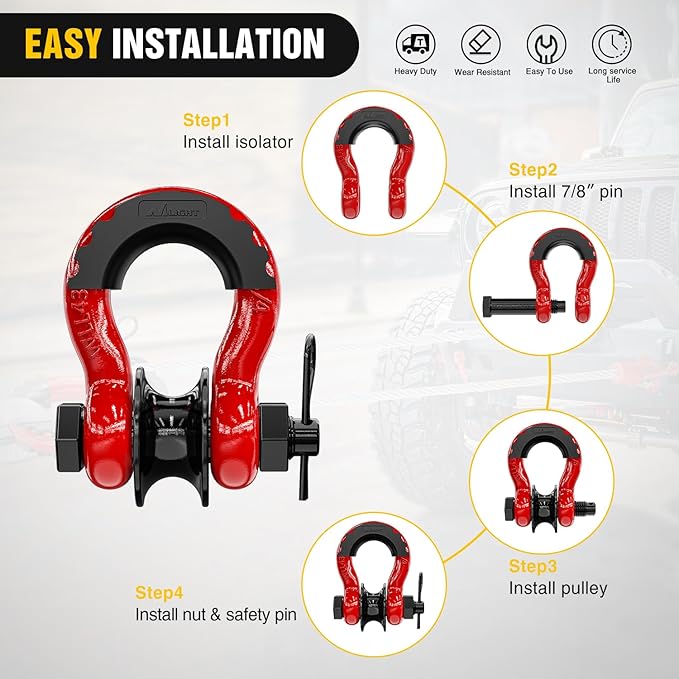 Nilight 3/4" D-Ring Shackle w/Snatch Block (2 Pack) 9,500 lb Working Load, 2-in-1 Heavy‑Duty Towing Pulley w/Isolator for Off‑Road Recovery, Winch Cable & Rope, Truck Jeep ATV UTV Tractor, Red