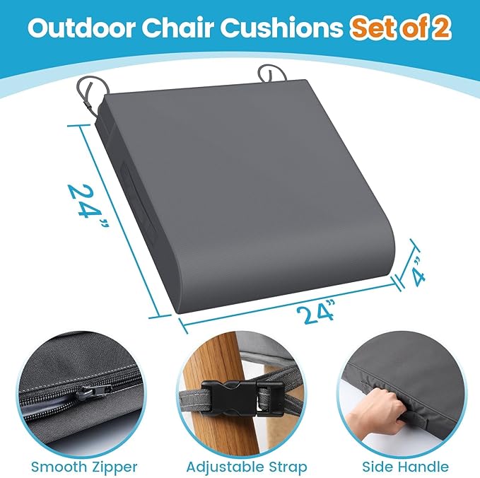 TasticTotes Patio Chair Cushions - Set of 2, Waterproof Outdoor Seat Cushions with Adjustable Straps and Handles, Fade-Resistant Chair Pads for Outdoor Furniture, Garden, Beach (24" x 24" x 4", Grey)