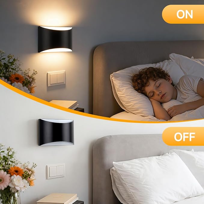 MATAMEYE Modern LED Wall Sconce Set of 2, Large Matte Black Indoor Wall Lighting Fixture with 3 Colors Temperatures, 10W Up/Down Hardwired Wall Mount Lamp for Bedroom Living Room