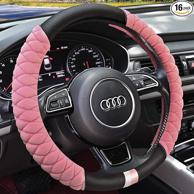 HAOKAY Luxury Fluffy Steering Wheel Cover for Women Girls,Soft Warm Short Plush Steering Wheel Cover Pink Fuzzy with Universal 14.5-15 Inch