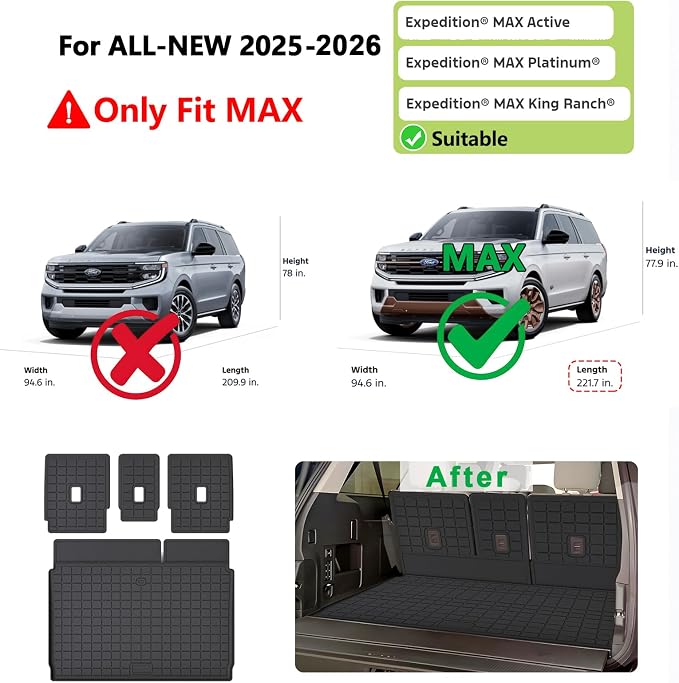 Cargo Mat for 2025 2026 Ford Expedition MAX 7/8 Seats (Only Fit Max) & Backrest Mat,TPE All Weather Protection Car Trunk Mat Covering The Backrest Mat with Velcro Fastener Accessories