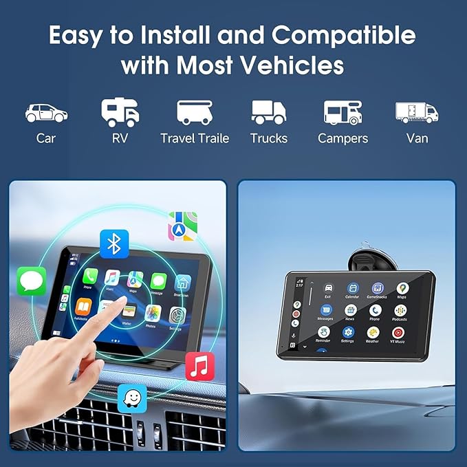 Carplay Screen for Car, 7'' Wireless CarPlay & Android Auto- Upgrade Portable Touchscreen with Bluetooth, Mirror Link, Voice Control, Hands-Free Calling Car Play Screen Stereo for All Vehicles