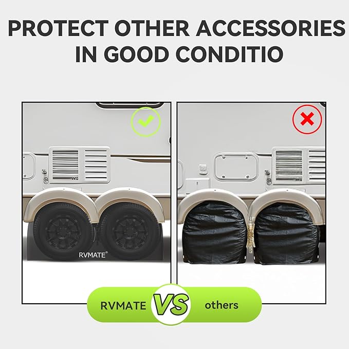 RVMATE RV Tire Covers, Dual Axle Wheel Cover (2 Pack) Fits 24"-27" Diameter Tires, Waterproof Anti-UV 420D Oxford Black Dual Tire Covers RV Accessories for RV/Truck/Trailer