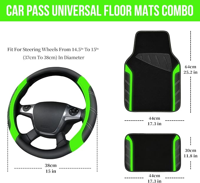 CAR PASS Leather Steering Wheel Cover and Waterproof Car Floor Mats,Microfiber Universal Car Combo Fit for 95% Sedan,SUV,Cars,14.5-15inch Sporty Anti-Slip Comfortable Design(Black＆Fluorescence Green)