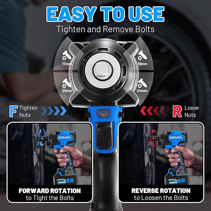 AZZUNO Brushless 1/2 inch Electric Cordless Impact Wrench, 800N.m (590 Ft-lbs), High Torque Electric Wrench, 2x 4.0Ah Battery, Charger & 4 CR-V Sockets, Tool Case