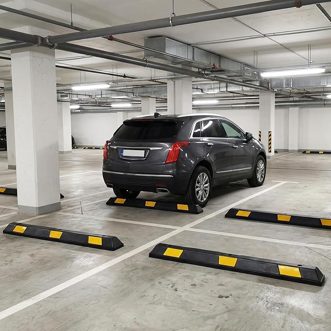 Goplus Parking Block, 72” Rubber Parking Bumpers with 8 High Reflective Yellow Safety Stripes, Heavy Duty Parking Target, Garage Wheel Stoppers Parking Curb for Car, Truck, RV and Trailer (8 Pack)