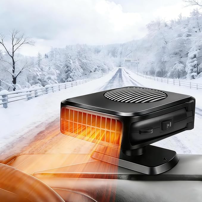 Car Heater, 200W 12V Portable Windshield Defogger and Defroster，2 in 1 Modes Fast Heating &Cooling Fanswith Cigarette Lighter Plug 360 Degree Rotary Base（Black）