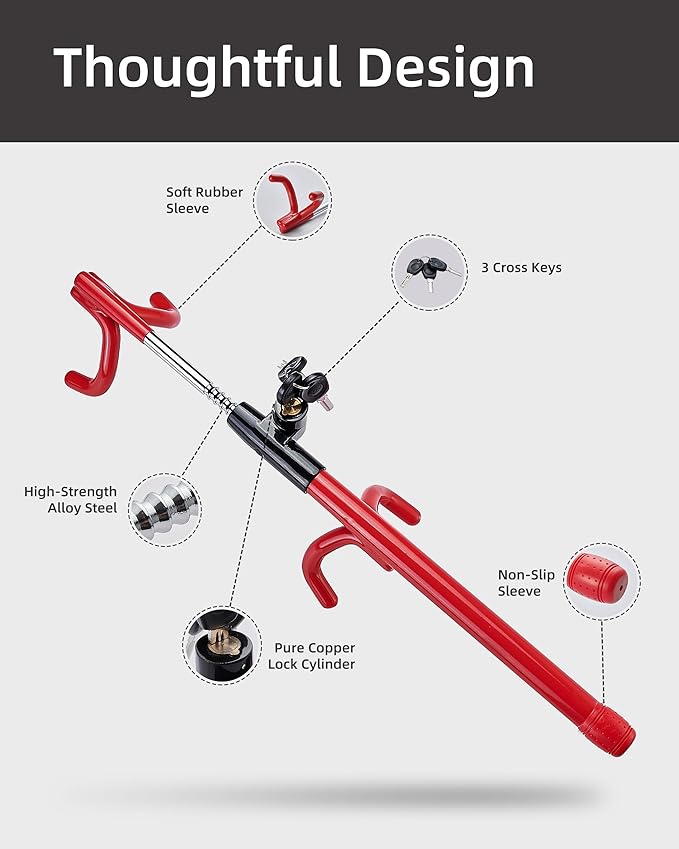 Dodomes Steering Wheel Lock Anti-Theft Heavy Duty Secure Car Device, Adjustable Length Clamp Double Hook Locks Universal Fit Red