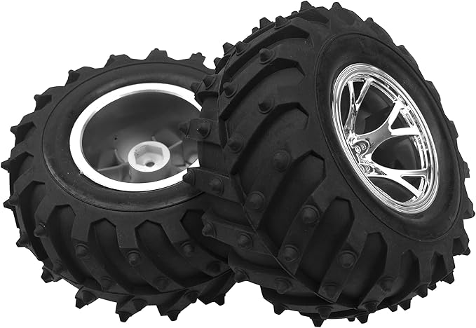 4.72''OD Rubber Tires & Wheel Rim 12mm Hex Hub Compatible with RedCat Volcano Traxxas Rustler HPI HSP Tamiya Exceed Himoto 1/10 Off-Road Monster Truck,120mmx56mm (Silver)