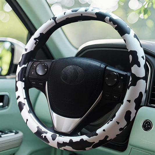 Universal Steering Wheel Cover Women 14.5-15 inch car Accessories Cow Print Western Leather Anime Black and White Cute Wheel Cover Anti-Slip Car Protecter for Men