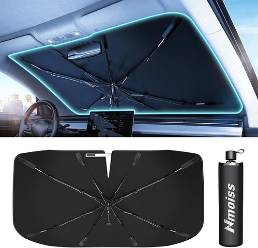 [Upgraded] Nmoiss Windshield Sun Shade Umbrella - [Vinyl Coating Heat Shield] Protect Car from Sun Rays & Heat Damage Keep Cool and Protect Interior, Spring Structure Edge Large 61" L x 35" W