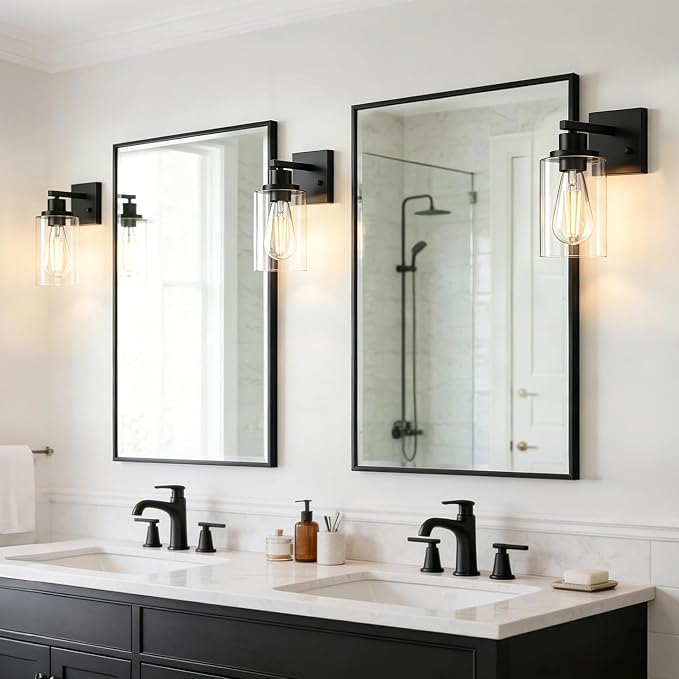 Wall Sconces Set of 2 Matte Black Vanity Lights for Bathroom, Modern Wall Light Fixtures Sconce Lights Indoor with Clear Glass Farmhouse Wall Mount Lamp for Bedroom Mirror Living Room Hallway E26 Base
