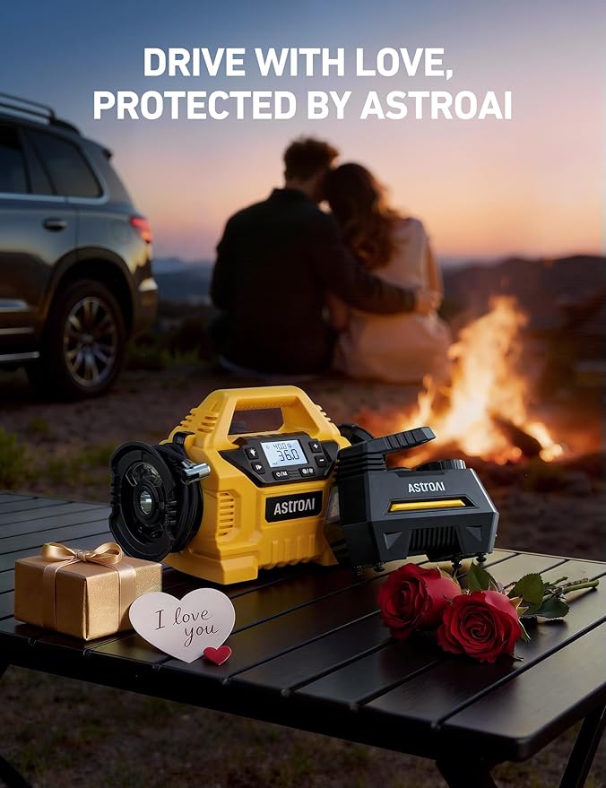 AstroAI Tire Inflator Portable Air Compressor Tire Air Pump for Car Tires - Car Accessories, 9.8Ft Cord 12V DC-Powered Auto Pump with Digital Pressure Gauge, LED Light for Bicycle, Balloons, Yellow