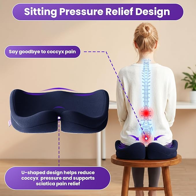 ZZ-WELL Seat Cushions for Office Chairs - Ergonomic Tailbone Pain Pressure Relief Seat Cushion - Extra Large & Thick Design Memory Foam Office Chair Cushion, 21.2" W X 16.5" L (Blue)