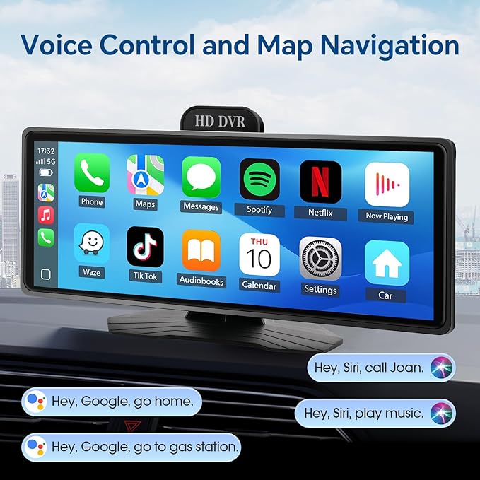Haudio Portable Wireless Carplay Car Stereo, 10.26" HD Touchscreen for Car with Apple CarPlay & Android Auto with Backup Camera, GPS, Bluetooth, Voice Control, Mirror Link, FM, AUX, Universal Fit