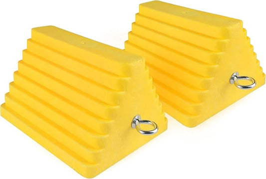 MaxxHaul 51169 Polyfoam Wheel Chocks with Steel Eyebolt – 2-Pack – 10″ × 8″ × 6″ Heavy-Duty Structural Foam – Bright Yellow – Vehicle & Trailer Safety for Cars, Trucks, RVs, Boats, ATVs
