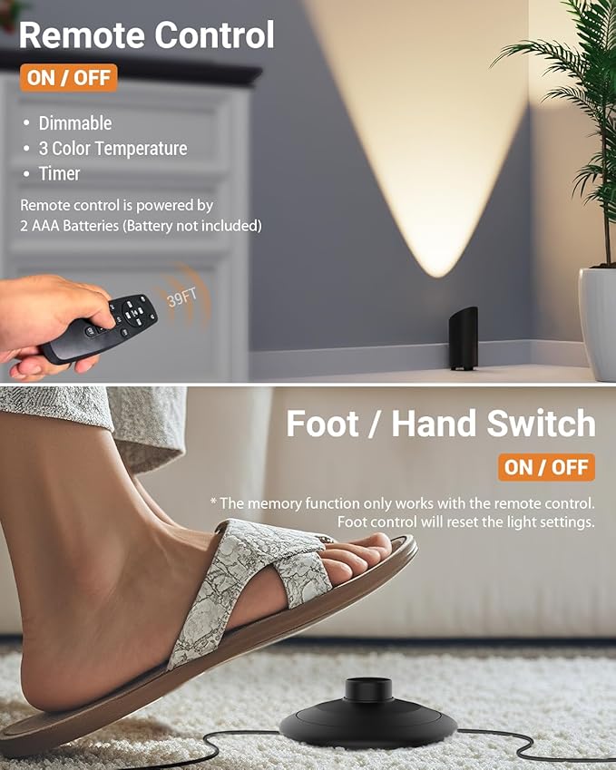 Abovizo 2 Pack Uplighting Indoor, LED Floor Can Lights with Remote and Timer, 3 Color Temps Dimmable Spotlight for Corner Sofa Plant Home Accent Lighting, 5.9 FT Plug Cord & Foot Switch, Black