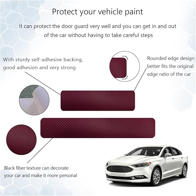 Dickno 4 PCS Car Door Sill Protector, 3D Carbon Fiber Auto Door Entry Edge Guard Protection Trim, Anti-Scratch Threshold Cover Strips, Sill Protection Sticker for Car SUV Truck (Wine Red)